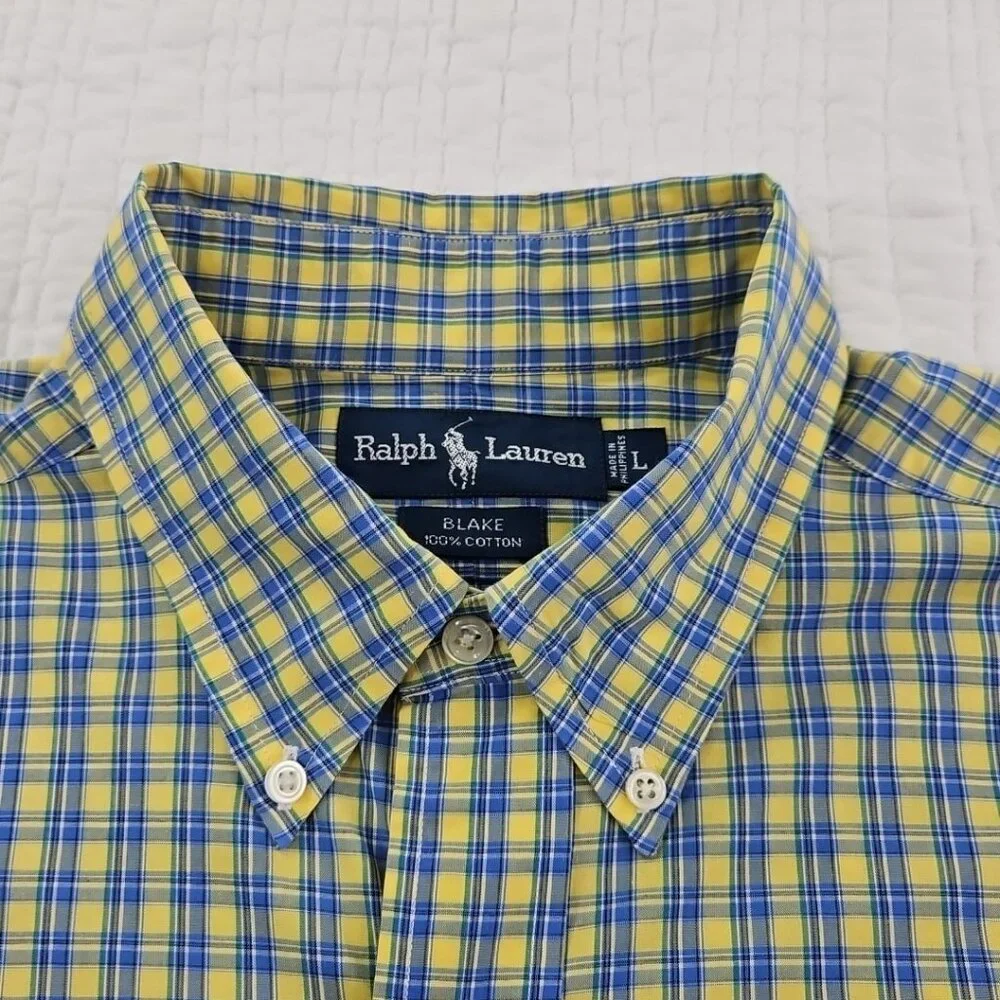 Ralph‎ Lauren Blake Shirt Men's L Yellow Blue Check 100% Cotton EUC Classic LS
